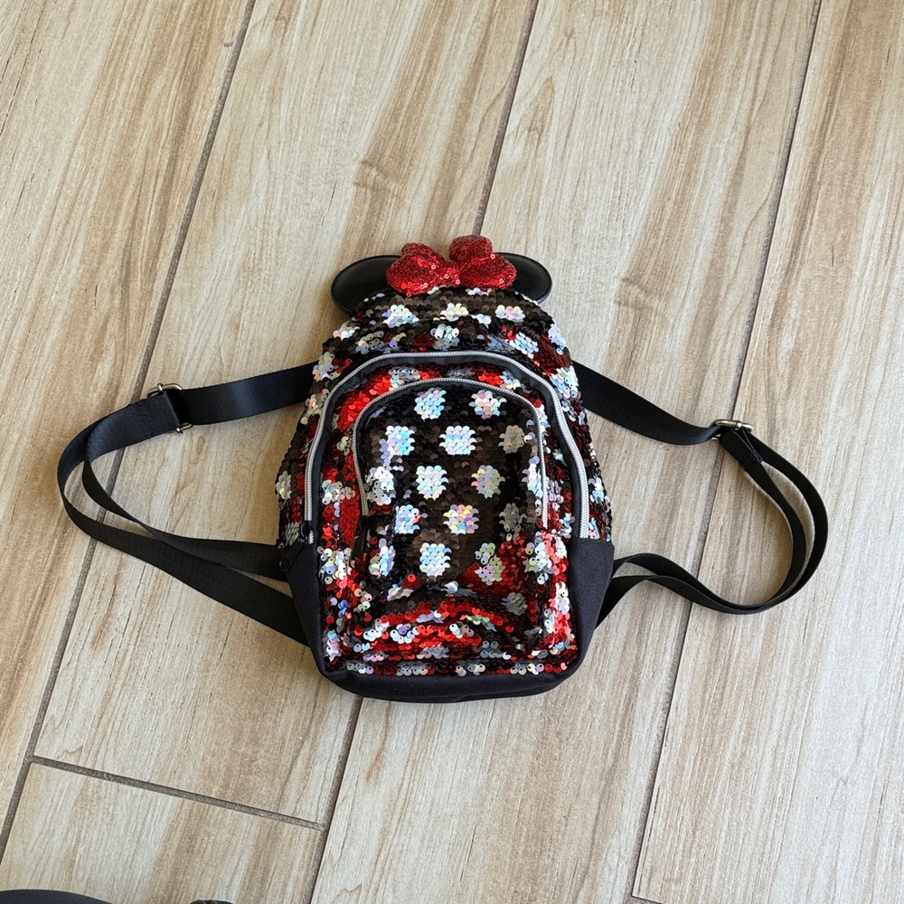 Disney Minnie Mouse Sequin Mini Backpack Black Red Iridescent Sparkle Ears Bow